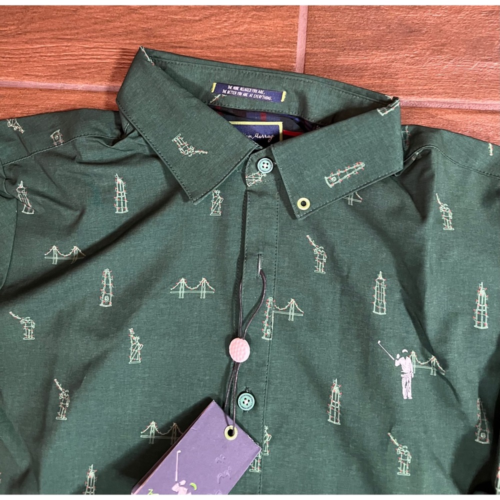 William Murray Golf Mens Green City Landmarks Print Button Down Shirt Small NWT